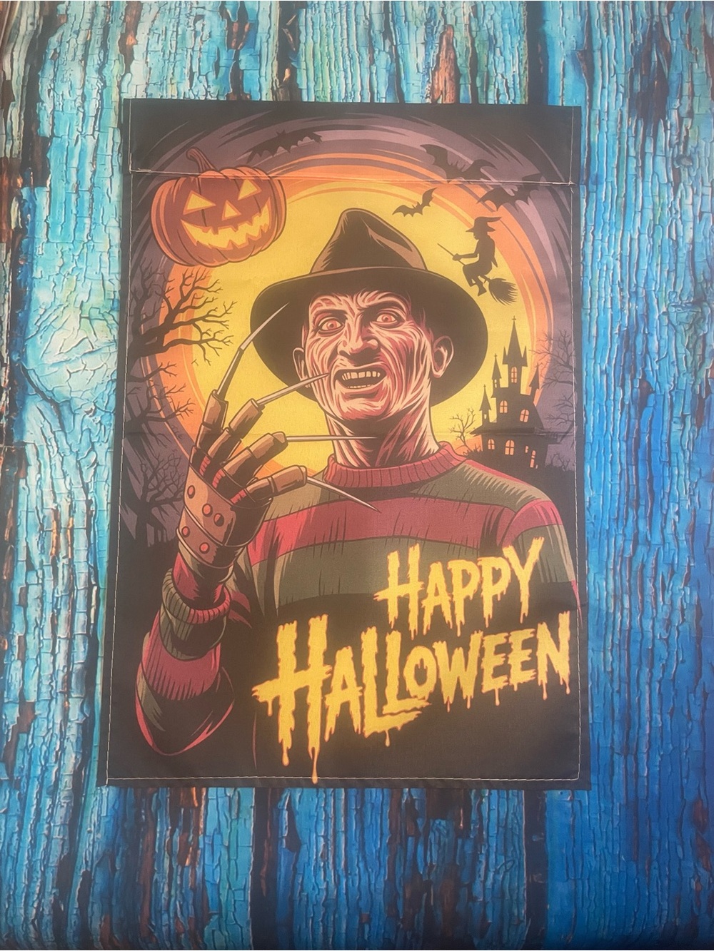 Happy Halloween Freddy Krueger Garden Flag - Orange, Red, Green